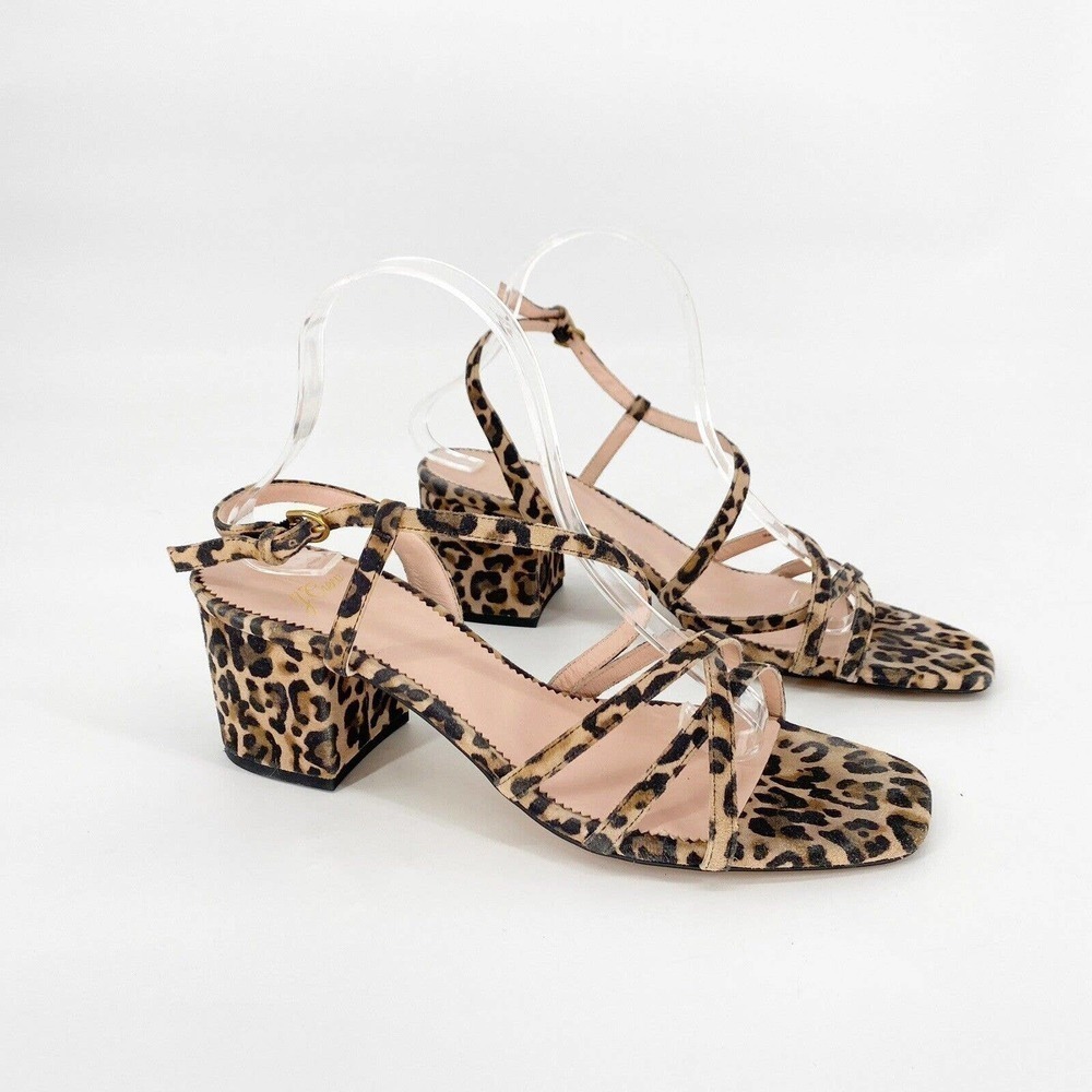 J Crew Odette Leopard Suede Size 9.5 Strappy Heeled Sandals Brown